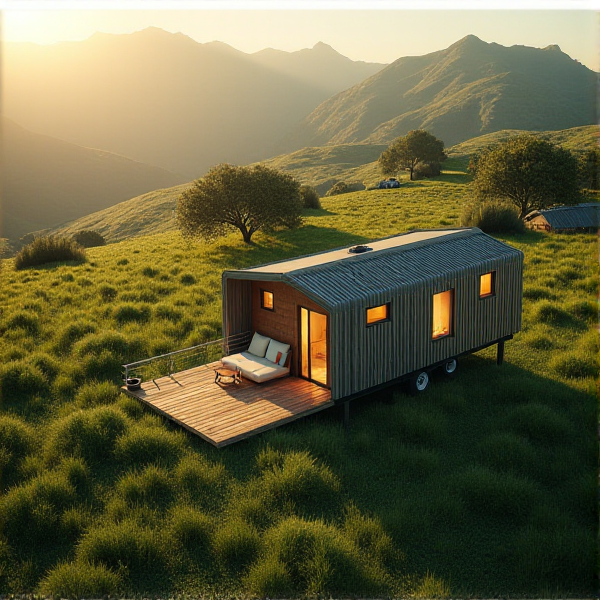 Create a broad, conceptual visualization of the tiny home movement in New Zealand, capturing the essence of affordability, sustainability, and minimalist living. The image should be a metaphorical representation, blending elements of nature and modern architecture. Use a digital art style (2D) with a photorealistic rendering approach. The primary light source should be soft, diffused sunlight coming from the upper left, creating gentle shadows and a serene atmosphere. Include secondary lighting from warm interior lights within the tiny homes, adding a cozy feel. The viewing angle should be a medium-distance aerial view, providing a balanced perspective of the tiny homes nestled in a lush, green landscape. The emotional tone should be optimistic and peaceful, with a light visual weight. Use a rule of thirds composition, placing the tiny homes slightly off-center to create a dynamic yet balanced arrangement. The primary colors should be earthy greens and warm browns, with secondary accents of soft blues and whites. The overall temperature should be warm, with an analogous color harmony approach.