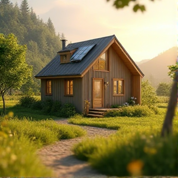 Create a broad, conceptual visualization capturing the essence of the tiny home movement in New Zealand. The image should be a metaphorical representation of sustainability, affordability, and flexibility. Use a digital art style (2D) with a warm, inviting color palette featuring earthy tones like beige, green, and brown. The primary light source should be soft, diffused sunlight coming from the upper left, creating gentle shadows and a serene atmosphere. The viewing angle should be a medium shot with an eye-level perspective, focusing on a tiny home nestled in a lush, green landscape. The composition should follow the rule of thirds, with the tiny home placed slightly off-center to the right, balanced by the natural surroundings. The overall mood should be optimistic and peaceful, with a light visual weight. Include subtle details like solar panels and a small garden to emphasize sustainability.