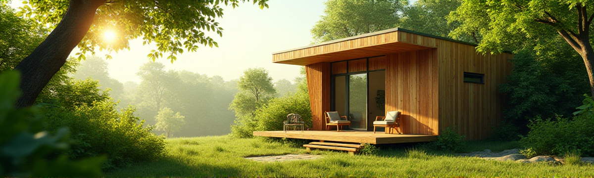 Ultra High Resolution digital art (2D) of a modern, sustainable tiny house surrounded by lush greenery, rendered in a photorealistic style with a warm, inviting atmosphere. The tiny house, a compact yet stylish structure with clean lines and eco-friendly materials, is placed slightly off-center to the right, following the rule of thirds. Natural sunlight streams from the upper left, casting soft shadows and highlighting the earthy green and warm brown color palette, complemented by secondary accents of soft blues and whites. The medium viewing angle at eye level captures the serene, optimistic mood, with the greenery on the left balancing the composition. The scene exudes light visual weight, with textures of wood, foliage, and sunlight reflections adding depth. The overall temperature is warm, using an analogous color harmony approach, creating a harmonious and tranquil depiction of sustainable living in a compact space award-winning, epic composition, ultra detailed