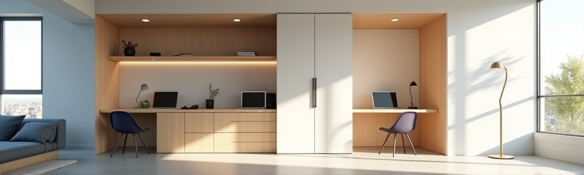 Ultra High Resolution digital art (3D) of a modern urban loft space, award-winning, epic composition, ultra detailed. The scene features a 30-year-old multi-functional loft designed with versatility and smart design in mind, showcasing modular furniture and vertical space utilization. The central focus is a Murphy bed that seamlessly transforms into a workspace, crafted from light wood tones with a minimalist aesthetic. The environment is bathed in soft, natural illumination from a large window, casting subtle shadows across the clean, white walls and polished concrete floor. Recessed LED lights add a modern touch, enhancing the warm, optimistic mood of the space. The color palette is dominated by white and light wood tones, accented with soft gray and muted blue, creating a harmonious and inviting atmosphere. The medium shot, captured from an eye-level perspective, follows the rule of thirds, with the transforming furniture placed slightly off-center to draw attention to its innovative design. The photorealistic rendering style, influenced by clean architectural visualization, emphasizes the textures of the materials, the interplay of light and shadow, and the overall sense of innovation and optimism. The overall temperature is warm, with a complementary color harmony approach, making the space feel both functional and aesthetically pleasing