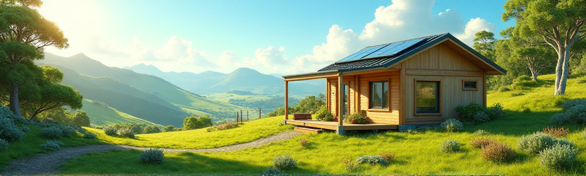 Ultra High Resolution 2D digital art of a tiny home nestled in a lush, green New Zealand landscape, embodying sustainability, affordability, and flexibility. The tiny home, crafted with natural wood and earthy tones of beige, green, and brown, features solar panels on the roof and a small garden with fresh vegetables and herbs, emphasizing eco-friendly living. The scene is bathed in soft, diffused sunlight from the upper left, casting gentle shadows and creating a serene, optimistic atmosphere. The medium shot, eye-level perspective follows the rule of thirds, with the tiny home slightly off-center to the right, balanced by rolling hills, native trees, and a clear blue sky. The warm, inviting color palette and light visual weight evoke a peaceful, hopeful mood, with subtle details like a winding dirt path, a wooden bench, and a clothesline adding to the charm. Inspired by the works of concept artists like James Gurney, the composition is award-winning, epic, and ultra detailed