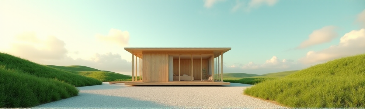 Ultra High Resolution 2D digital art of a conceptual visualization of the tiny house movement in New Zealand, capturing its essence through an abstract representation with photorealistic rendering. The central subject is a minimalist tiny house, crafted with natural wood textures and large windows, placed slightly off-center following the rule of thirds. Surrounding the house are lush, soft green hills, beige gravel paths, and light blue skies with wispy white clouds, creating a serene and optimistic atmosphere. The primary light source is soft and diffused, coming from the upper left, casting gentle shadows and highlighting the intricate textures of the house and natural elements. Subtle secondary lighting enhances the details, adding depth and dimension. The warm color palette features soft green and beige as primary colors, complemented by light blue and white, creating an analogous color harmony. The medium shot, eye-level perspective emphasizes the balance between the tiny house and its natural surroundings, evoking a light visual weight and a harmonious, tranquil mood, award-winning, epic composition, ultra detailed