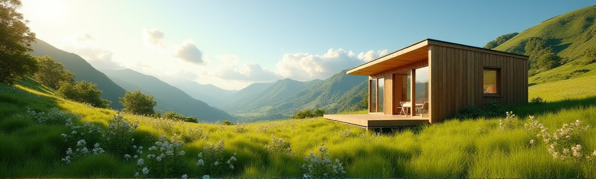 Ultra High Resolution digital art (2D) of a photorealistic tiny home nestled in a lush green New Zealand landscape, captured with a medium shot and eye-level perspective. The tiny home, constructed with sustainable materials in warm brown tones, is placed slightly off-center to the right, following the rule of thirds. The serene natural environment on the left features rolling hills, vibrant green grass, and scattered wildflowers, balanced by a soft blue sky with gentle clouds. A diffused sunlight from the upper left casts warm, optimistic tones, creating soft shadows and highlighting the textures of the wooden exterior and surrounding foliage. The color palette emphasizes green for nature, brown for the home, with accents of blue and yellow, achieving a complementary harmony. The atmosphere is serene and optimistic, evoking the simplicity and harmony of sustainable living. Award-winning, epic composition, ultra detailed